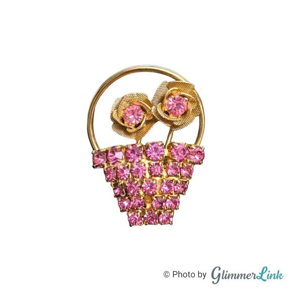 Vintage Rose Flowers Basket Pink Rhinestones Gold Tone Brooch - Picture 1 of 6